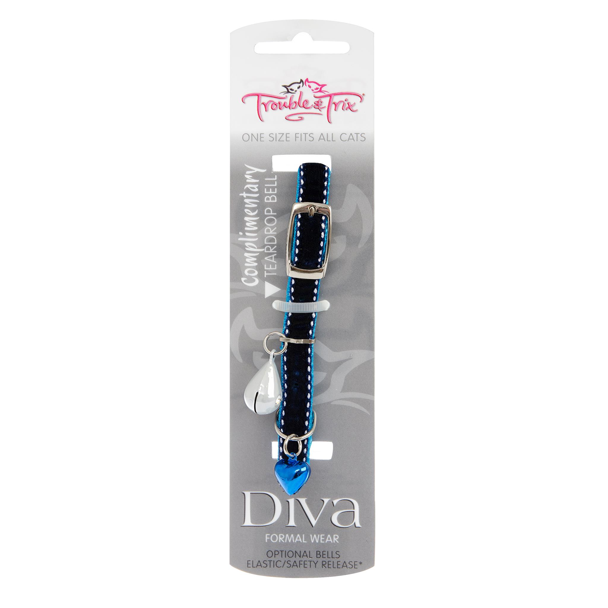 Trouble and Trix Diva Velvet Stitch Cat Collar Blue