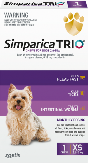 Simparica Trio Flea Tick & Worm Treatment 2.6kg-5kg - 1 Pack