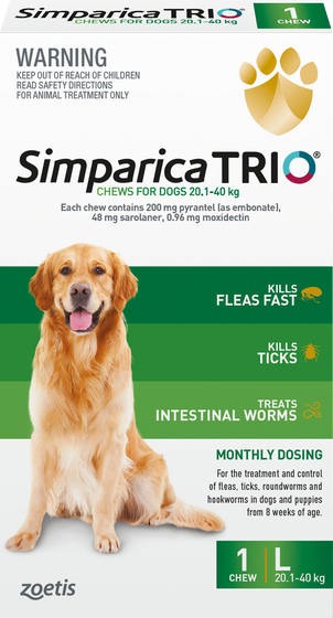 Simparica Trio Flea Tick & Worm Treatment 20.1kg-40kg - 1 Pack