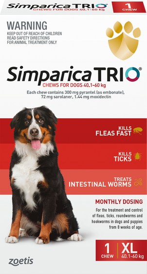 Simparica Trio Flea Tick & Worm Treatment 40.1kg-60kg - 1 Pack