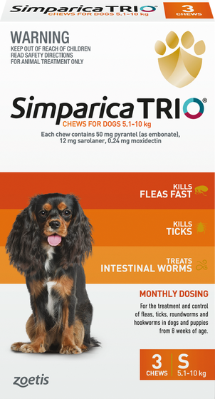 Simparica Trio Flea Tick & Worm Treatment 5.1kg-10kg - 3 Pack