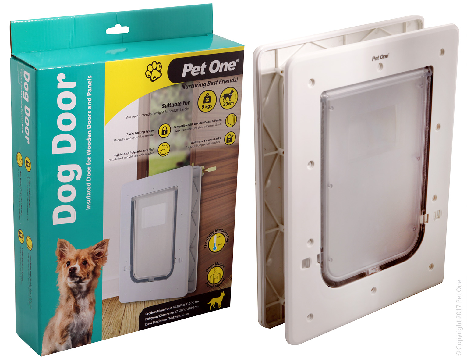 Pet One - Dog Door Poly (S) Ins Flap Wood Door/Panel Mount Fit 9kg 23cm