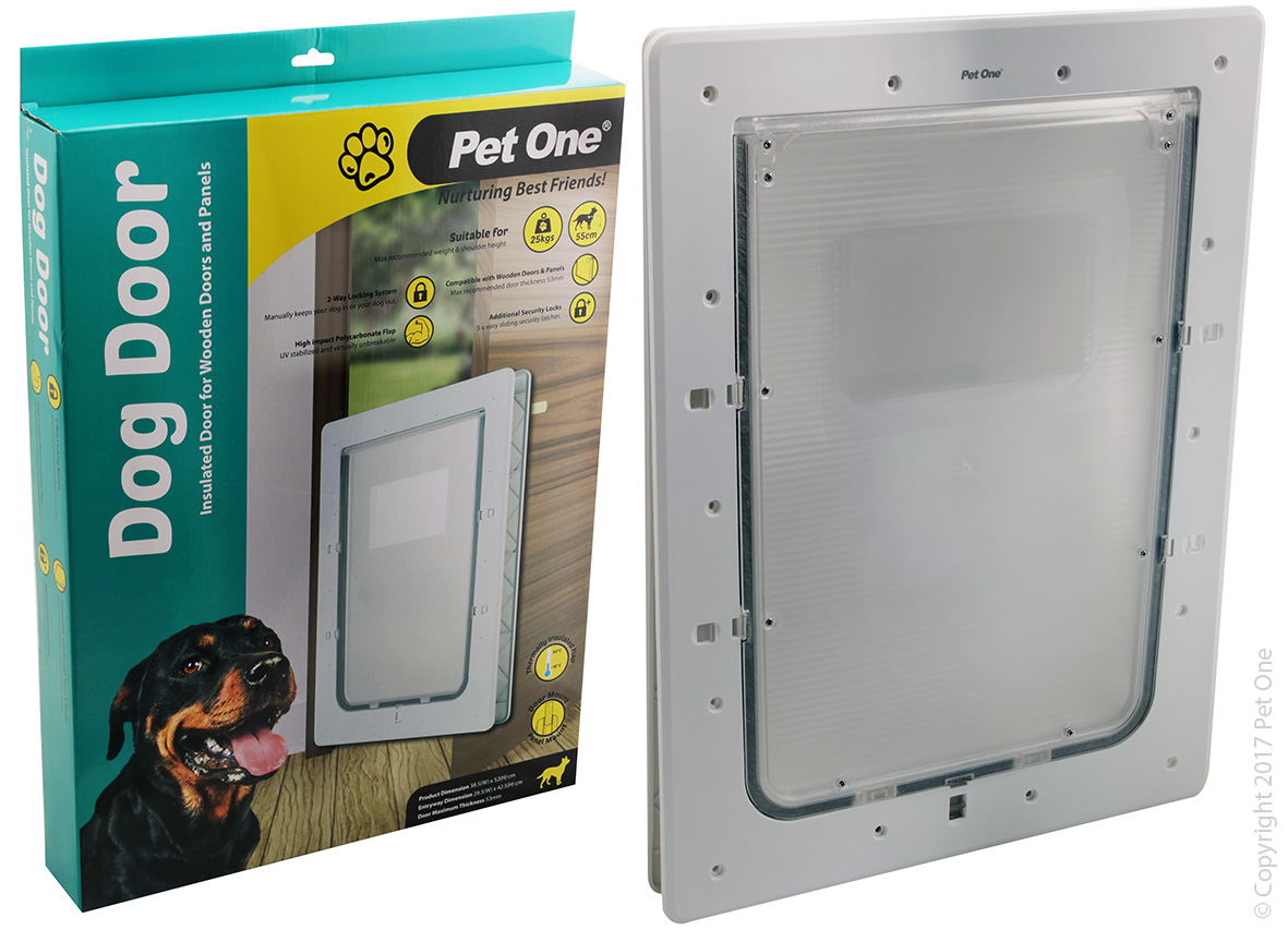 Pet One - Dog Door Poly (L) Ins Flap Wood Door/Panel Mount Fit 25kg 55cm