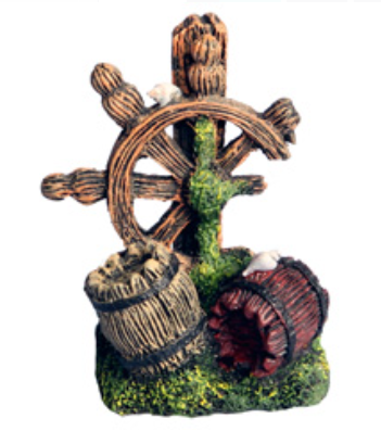 Aqua One Ornament - Mini Barrel With Ship Wheel 4.5x3.5x6cmh