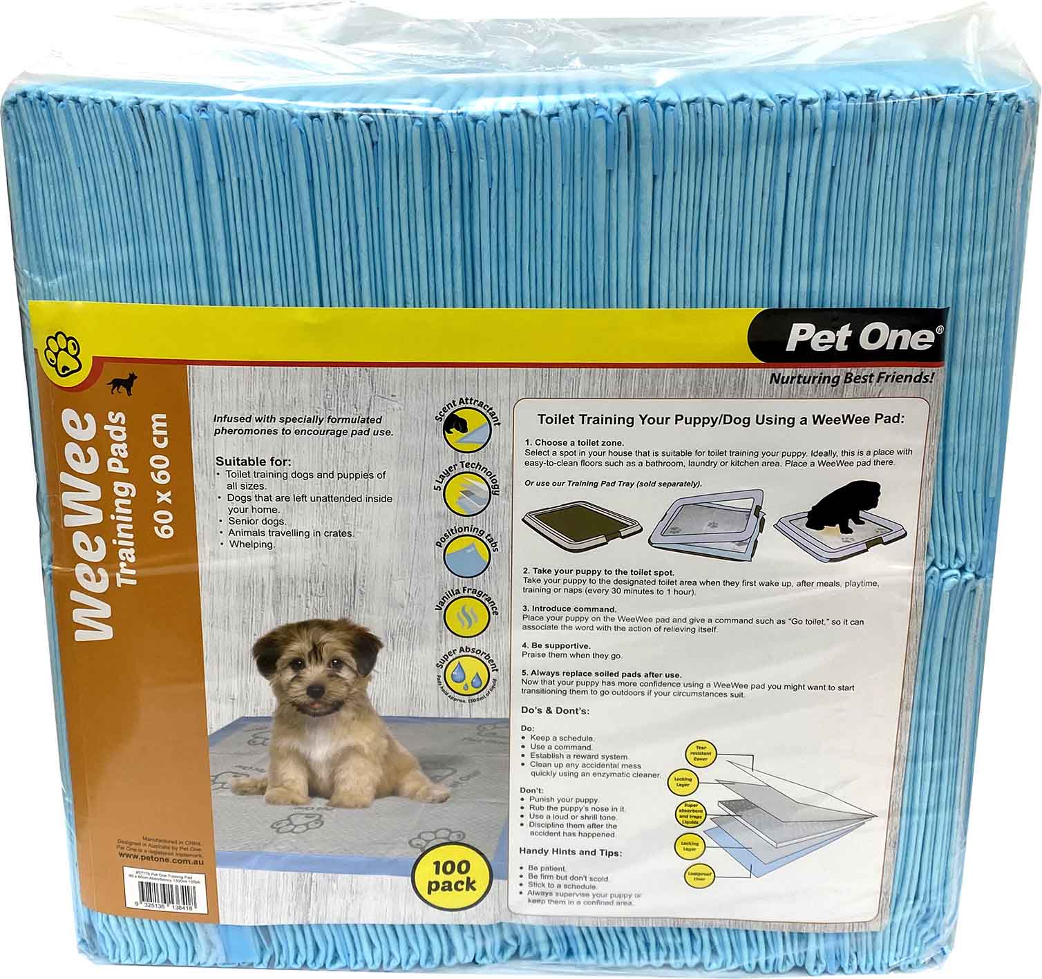 Pet One Wee Wee 100 Pack Training Pad 60x60cm Absorbency 1300ml