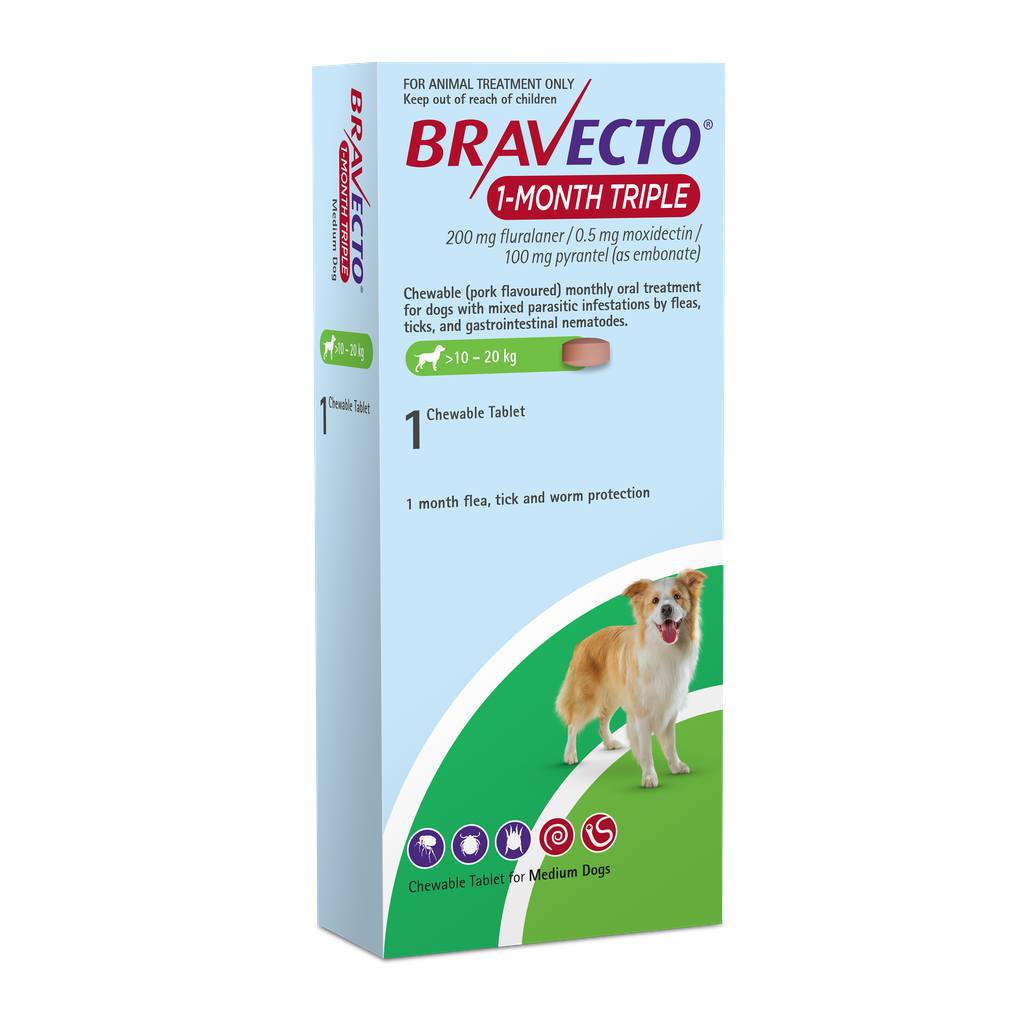 Bravecto 1 Month Triple 200mg Medium Dog 10-20kg Single
