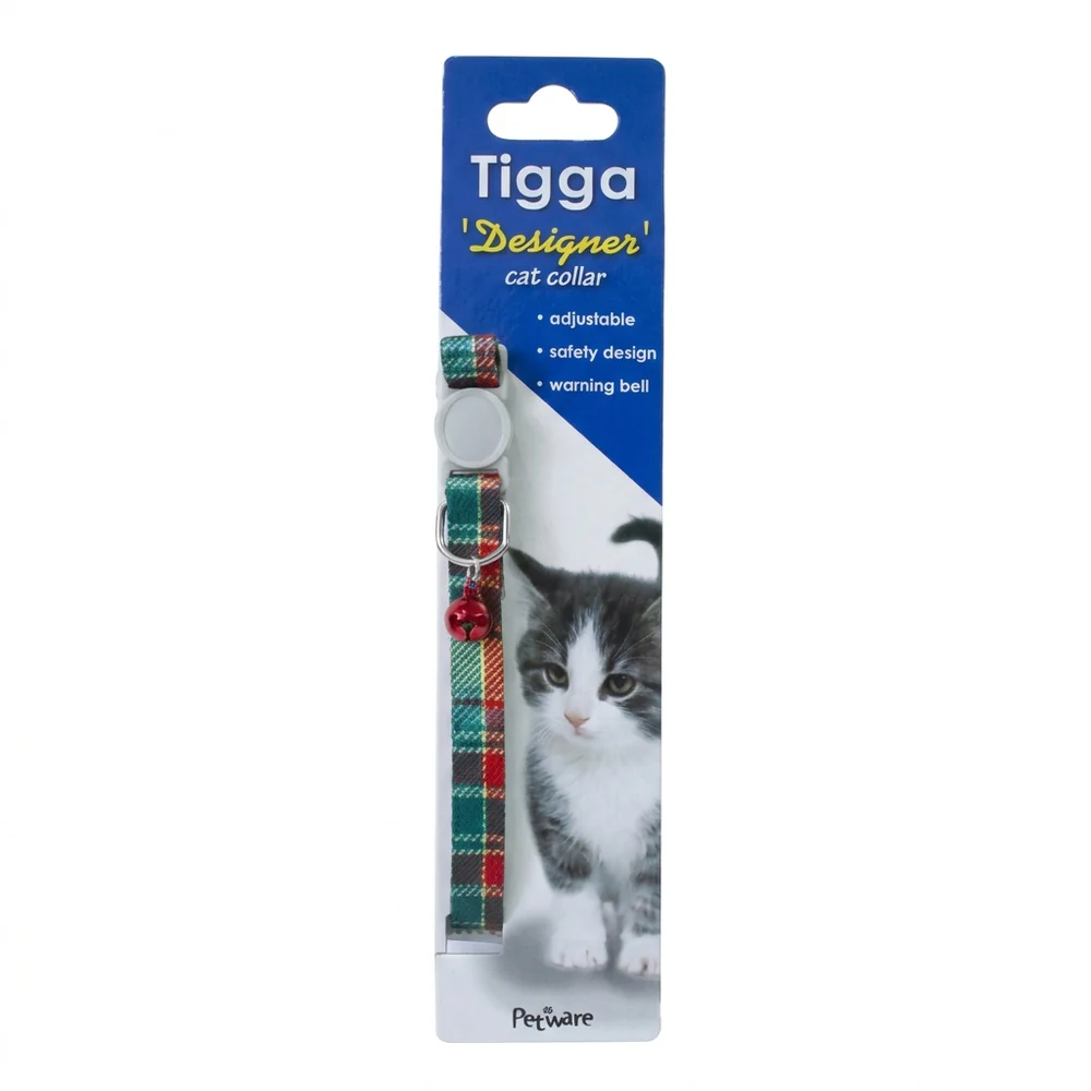 Tigga Cat Collar Textile Green - Red 10x200-330