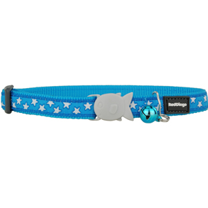 Red Dingo Cat Collar Stars White on Turquoise 12mm x 20-32cm